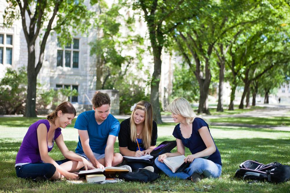Students gathered outdoors on a college campus